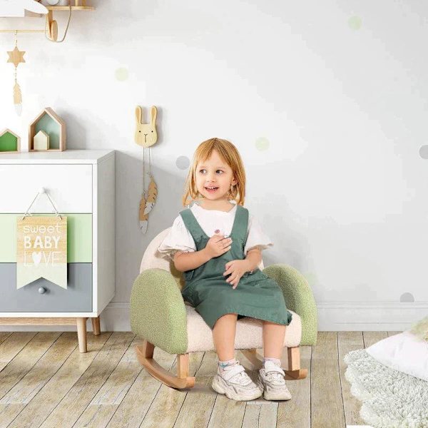 Rootz gungstol för småbarn - Söt design - Fårskinnsimitation - Eucalyptus Trä Grön + Gul Beige - 50L x 45W x 50H cm