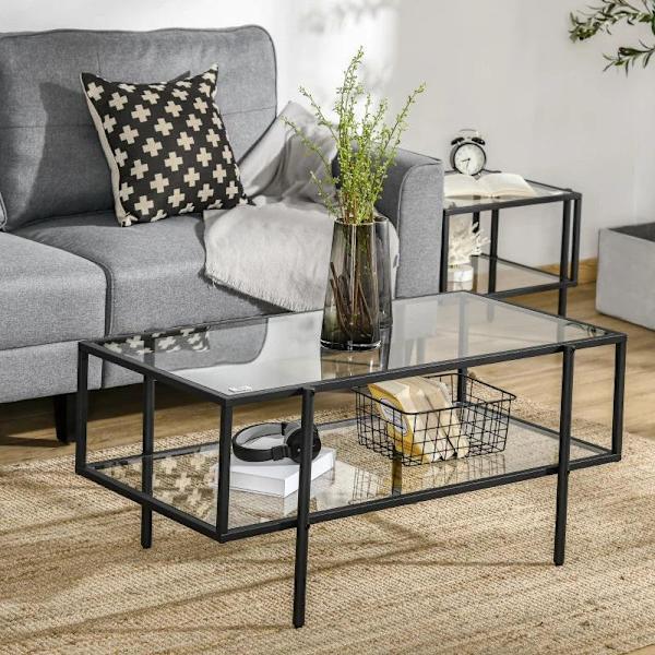 Rootz Sofabord - Sidebord - Med glasplade - Bord - Med 3 hylder - Hærdet glas/stål - Gennemsigtig/Sort - 100 x 55 x 45,5 cm