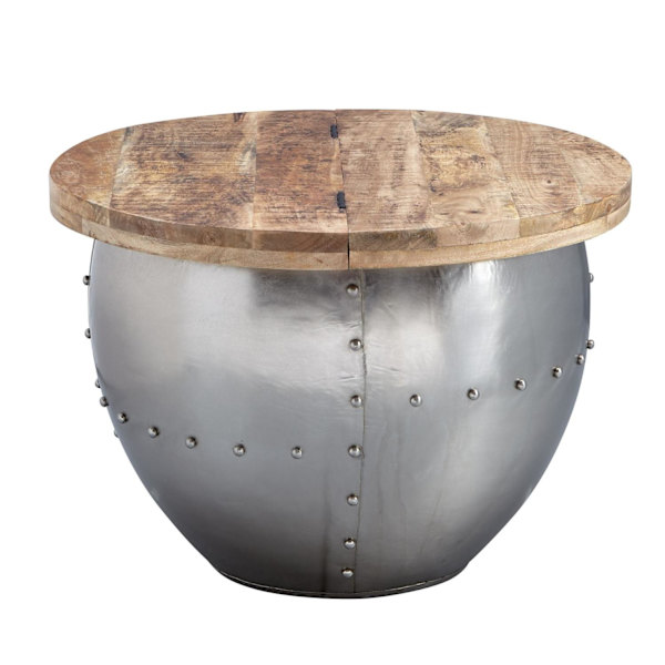 Rootz sofabord Mango massivt træ - metal 60x43x60 cm industriel stil rundt - Design stuebord med opbevaringsplads - Moderne loungebord sofabord sølv