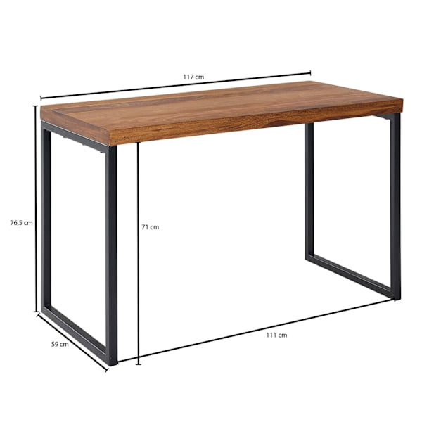 Rootz skrivebord sheesham massivt træ - metal 117x59x76,5 cm computerbord - Design kontorbord lille mørkt - Laptop bordstudie