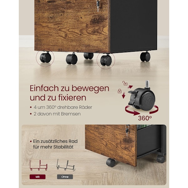 Rootz Roll Container - Låsbar lagringsenhet - Mobilskåp - Brown & Black - MDF & Chipboard - 43,8 cm x 40 cm x 54,4 cm