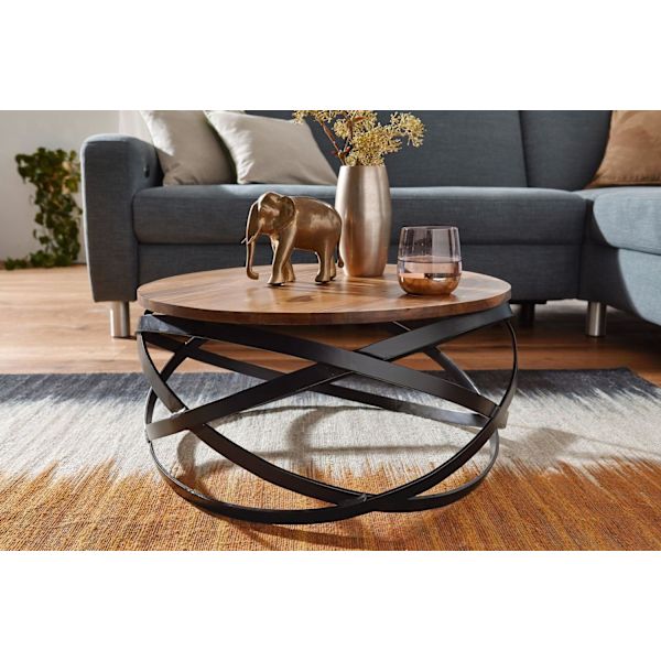 Rootz sofabord 60x30x60 cm Sheesham massivt træ - metal sofabord - Design stuebord rundt - Stuebord industribrun - Designer træbord sofabord massivt -