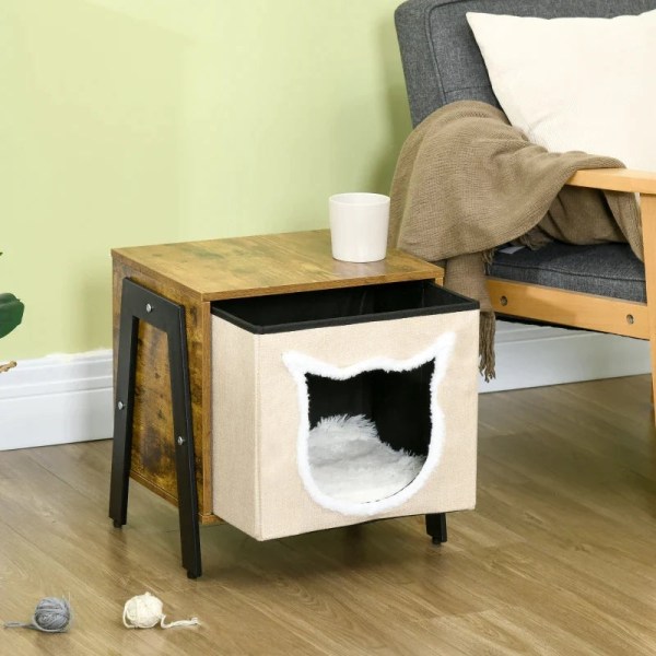 Rootz Industrial Design Cat Cave - Inklusiv pude - Kattehus - Katteseng - Vaskbar pude - Brun + Hvid - 41L x 34W x 43,5H cm