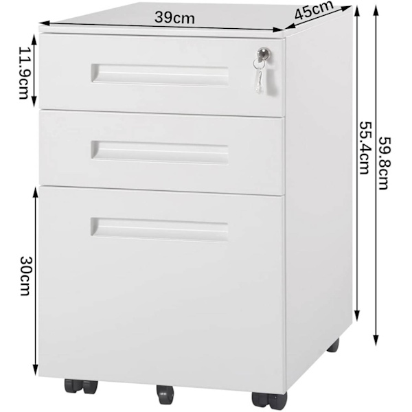 Rootz Roll Container Kontorsskåp - Förvaringsenhet - Arkivskåp - Förmonterat - Säker låsning - Förbättrad rörlighet - Metall, Vit - 45cm x 60cm x 39cm