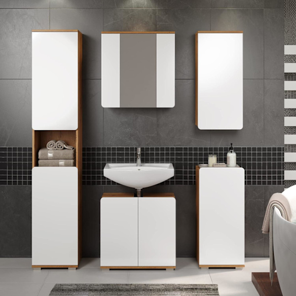 Rootz Bathroom Cabinet - Storage Unit - Washroom Furniture - Vanity Stand - Towel Holder - Restroom Organizer - Bath Rack - White Gloss and Artisan Oa