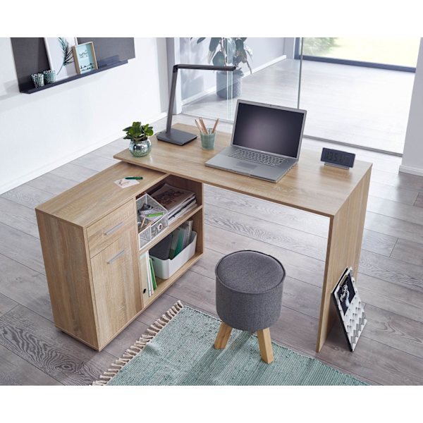 Rootz design -kulmapöytä hyllyllä Sonoma 120 x 75,5 x 106,5 cm - Moderni toimistopöytä Tietokonepöytätyöpöytä - Kulmapöytä kotitoimisto