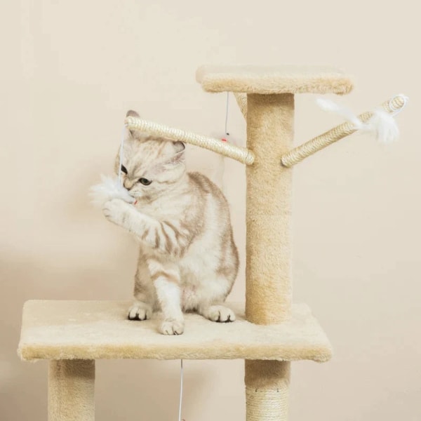 Rootz Scratching Post - Cat Tree - Cat Climbing Tree - Climbing Tree - Cat Scratching House - Cat Cave - 4 Toys - Beige + White - 50 x 35 x 134.2 cm