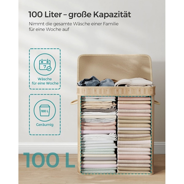 Rootz Natural Bamboo Tvättkorg med lock - Kork - Klädförvaring - Miljövänlig - Lätt - Hållbar - 54,5 cm x 34,5 cm x 61 cm