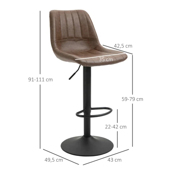 Rootz Barstol - Sæt med 2 - I Retro Design - Med Fodstøtte - Højdejusterbar - Kunstlæder - Stål - Brun - 43 cm x 49,5 cm x 111 cm