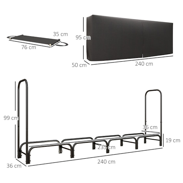 Rootz Brændestativ - Brændeholder - Træopbevaring - 0,67 m³ Kapacitet - 200 kg belastning - Oxford Polyester Cover - 240 cm x 36 cm x 99 cm
