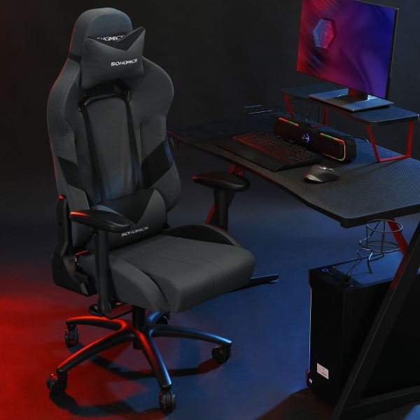 Rootz Gaming Stol - Grå-sort - Polyesterstof - Koldskumpolstring - Stålbund - PU-armlæn - Nylonkernehjul - 129-139 cm x 70 cm x 71 cm - Ergonomisk des