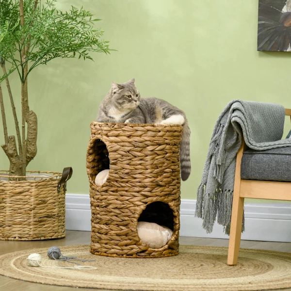 Rootz Cat Tower - Skrapstolpar - Kattgrotta med 2 separata grottor - 1 liggyta - Vattenhyacint - Naturlig - 32L x 32W x 47H cm