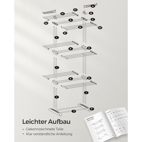 Rootz Grey Tørrestativ - Stål & Plast - Pladsbesparende design - Foldbart stativ - Stor tørrekapacitet - 64cm x 126cm x 172cm