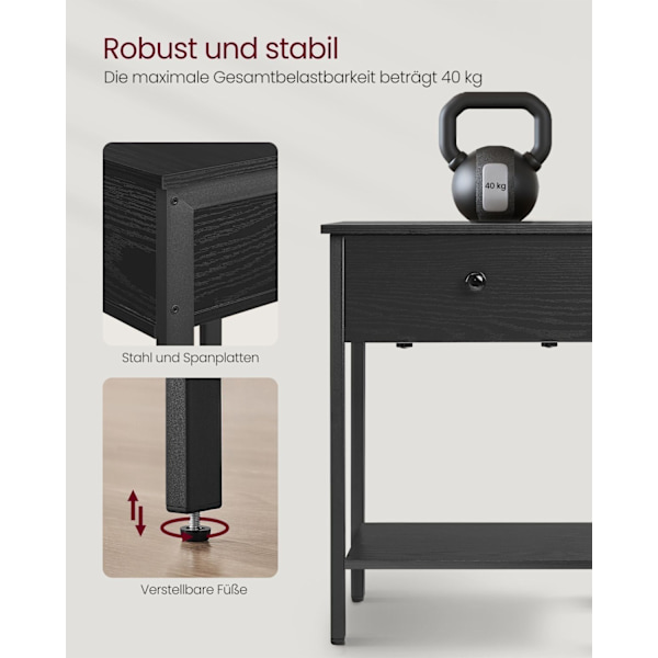 Rootz Ebony Black Sängbord - Nattduksbord - Spånstål - 40cm x 40cm x 55cm - Max. 40 kg Lastkapacitet - Lådhylla - Enkel montering