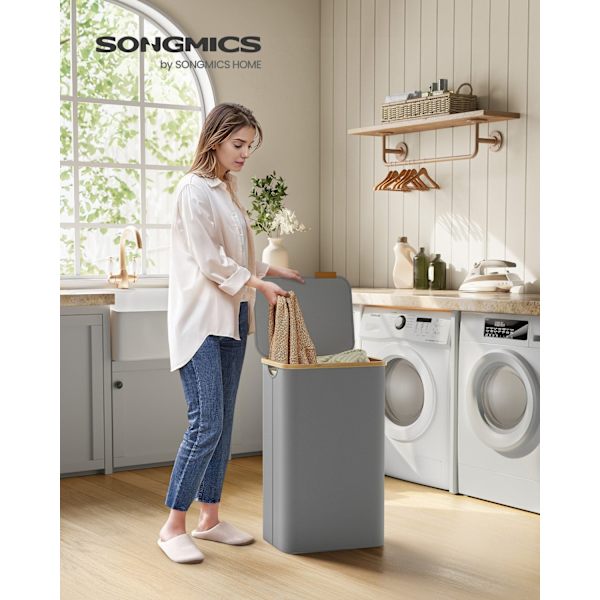 Rootz Portable Dove Grey Vasketøjskurv - Tøjkurv - Sammenklappelig opbevaringsbeholder - 600D Oxford-stof - Bambusramme - Letvægts - 42 cm x 32 cm x 7