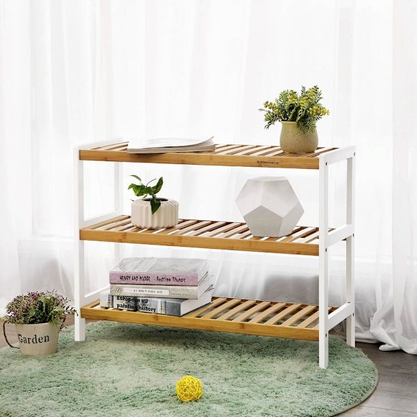 Rootz Skostativ - Bambus med 3 niveauer - Skoopbevaringsstativ - Skostativ - Skoopbevaring - Skoskab - Bambus - Naturlig + Hvid - 70 x 55 x 26 cm (B x