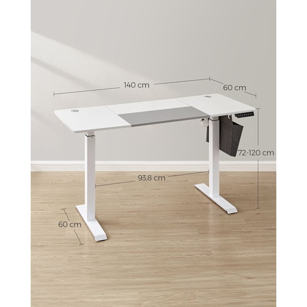 Rootz Elektrisk ståbord - Højdejusterbart skrivebord - Sit Stand-skrivebord - Spånplade - Stålramme - 60cm x 140cm x (72-120cm) - Hvid/Grå