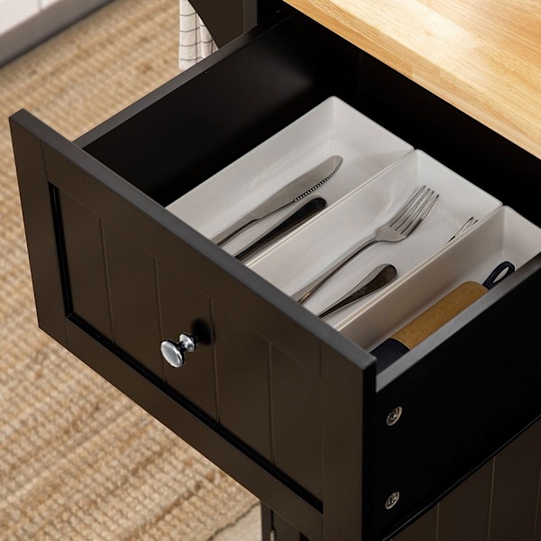 Rootz Kitchen Island - Monikäyttövarasto - Musta kumi ruskea - pyyheteline - Laatikko, kaapit - 135L x 45W x 94,5H cm