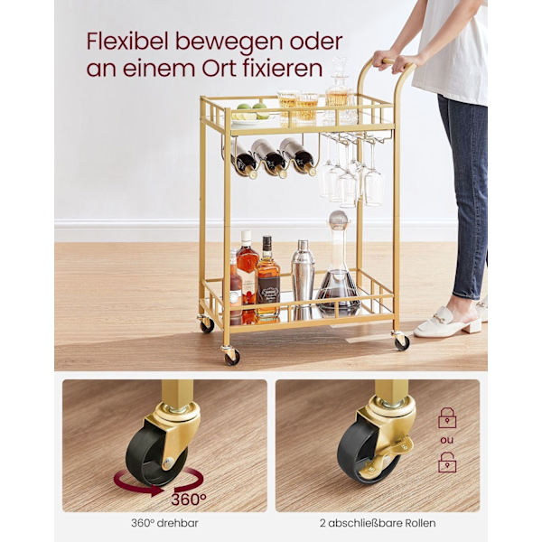 Rootz Gold Steel Spegelglasvagn - Barvagn - Serveringsvagn - Robust konstruktion - Rymliga hyllor - Enkel montering - 38cm x 60cm x 90cm