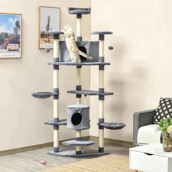 Rootz skrapstolpe - med kattgrotta - katthus - kattbur - med 2 hängmattor - ljusgrå - 60L x 60W x 200H cm