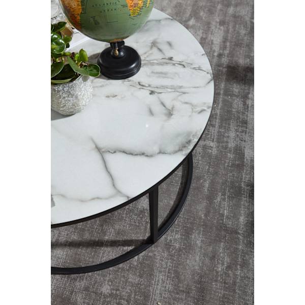 Rootz-sohvapöytä pyöreä 80x40x80 cm marmorinen look valkoinen - Olohuoneen pöytä mustalla metallikehyksellä - Moderni koristepöytä