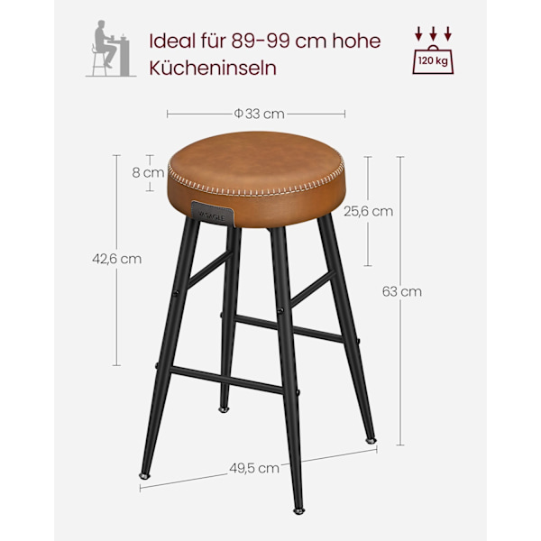 Rootz 2-delat set Barstolar - Kökspallar - Counter Height Stolar - Stålstomme - Högelastiskt skum - PU syntetiskt läder - Plywood - 49,5 cm x 49,5 cm