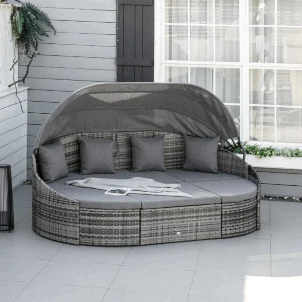 Rootz Rattan Sun Island - Rottinkiset loungesetti - Sisäänvedettävä kuomu - Istuintyynyt - Tyynyt - Polyesteri - Harmaa - 230 cm x 145 cm x 80 cm