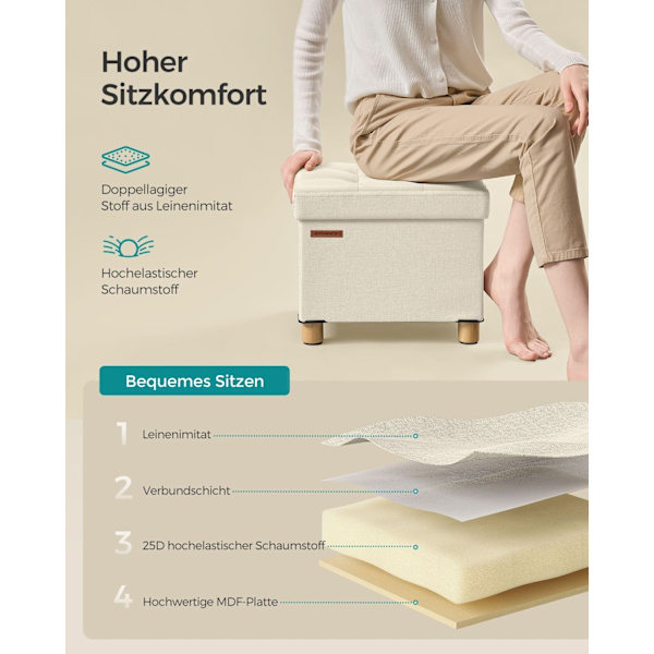 Rootz Storage Ottoman - Jalkatuki - Pehmustettu jakkara - MDF-kangas - 25D Foam - 32cm x 40cm x 33,5cm - Kermanvalkoinen