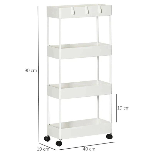 Rootz Køkkenvogn - Serveringsvogn - Køkkenvogn - Med 4 hylder - 3 fleksible kroge - 4 hjul - Hvid - 40cm x 19cm x 90cm