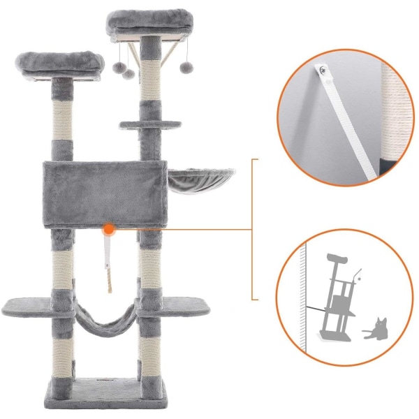 Rootz Cat Tree - Kradsestolpe - Hængekøje - Kattehule - 6 niveauer - Grå - Beige - 50 x 50 x 164 cm