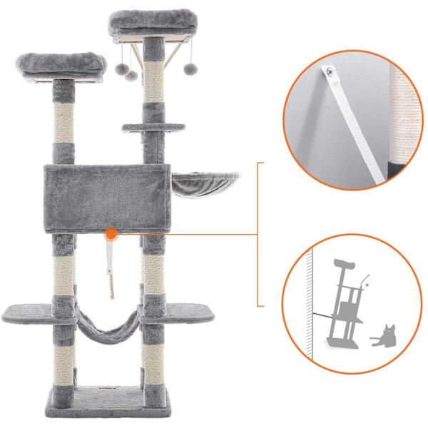 Rootz Cat Tree - Skrapstolpe - Hängmatta - Cat Cave - 6 nivåer - Grå - Beige - 50 x 50 x 164 cm