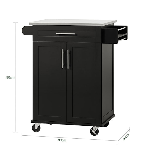 Rootz Modern keittiövaunu - Juomakärry - Tarjoiluvaunu - Ruostumattomasta teräksestä valmistettu toppi - Pyyhepidike - Siirrettävä pyörillä - 83cm x 9