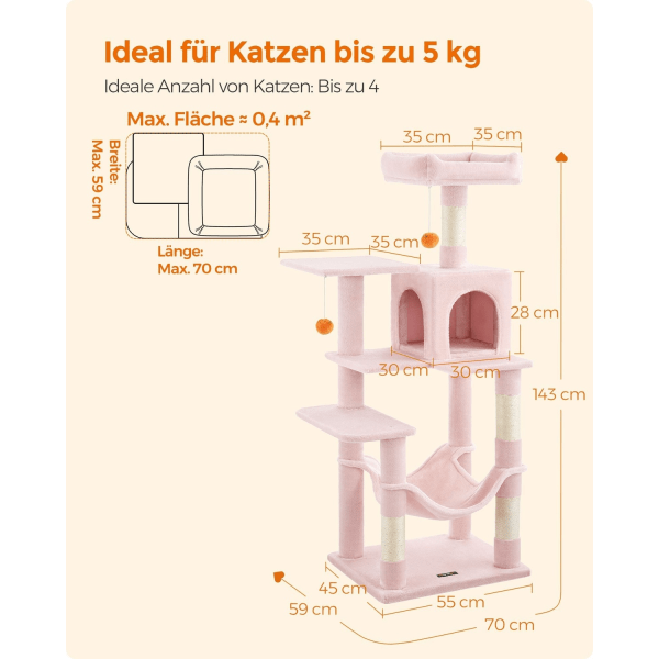 Rootz Cat kradsestolpe - Kitty Tree - Cat Tower - Spånplade Plys Sisal - 55cm x 45cm x 143cm - Pastel Pink - Robust konstruktion - Flere katte - Nem m