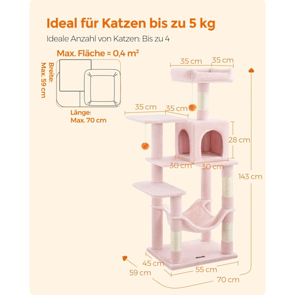 Rootz Cat Skrapstolpe - Kitty Tree - Cat Tower - Chipboard Plysch Sisal - 55cm x 45cm x 143cm - Pastellrosa - Robust konstruktion - Flera katter - Enk