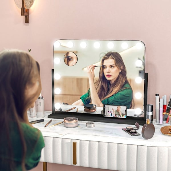 Rootz LED Hollywood Makeup Mirror - Sminkspegel - Sminkspegel - Bordsspegel - 14 LED-lampor - Justerbar ljusstyrka - Mobiltelefonhållare - USB-port -