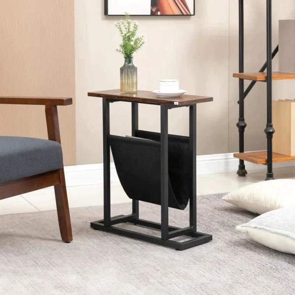 Rootz Sidebord - Sengebord - Sofabord - smalt design - Med stofpose - Stål - Mørkebrun + Sort - 49 x 19 x 55cm