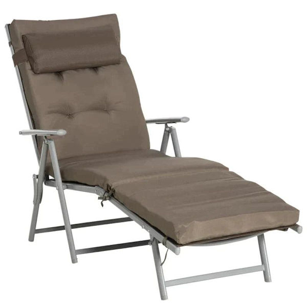 Rootz Trädgårdssäng - Solstol - Strandsäng - Fällbar - Justerbar - Med dyna - Metall/Tyg - Brun/Silver - 137 x 63,5 x 100,5 cm