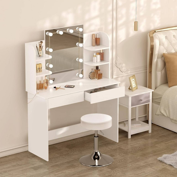 Rootz White Sminkbord med pall - Sminkbord - Skönhetsskrivbord - Justerbar LED-belysning - Gott om förvaring - Hållbar konstruktion - 108cm x 142cm x