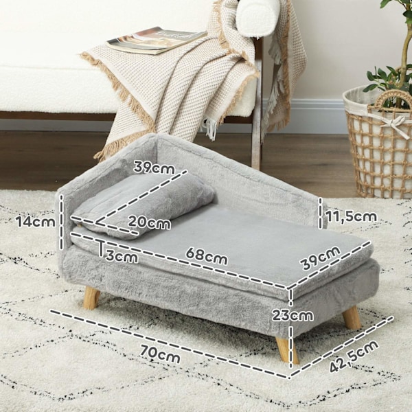 Rootz Dog Sofa - Pet Couch - Caninsäte - Mjuk plyschkomfort - 70 x 42,5 x 38,5 cm grå