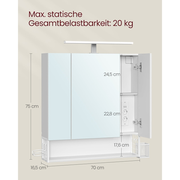 Rootz Badeværelsesskab - Opbevaringsenhed - Organizer - Spånplade - MDF - Metal - Glasspejl - 16,5 cm x 70 cm x 75 cm - Cloud White - 20 kg Kapacitet