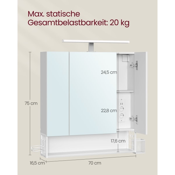 Rootz Kylpyhuonekaappi - Säilytysyksikkö - Järjestäjä - Lastulevy - MDF - Metalli - Lasipeili - 16,5cm x 70cm x 75cm - Pilvivalkoinen - Kapasiteetti 2