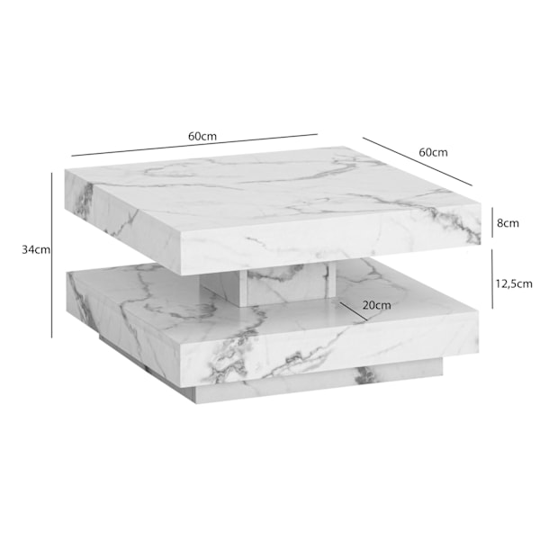 Rootz Square Sofabord - Moderne marmorbord - Hvid stuebord - Anti -slip puder - 60 cm x 60 cm x 34 cm