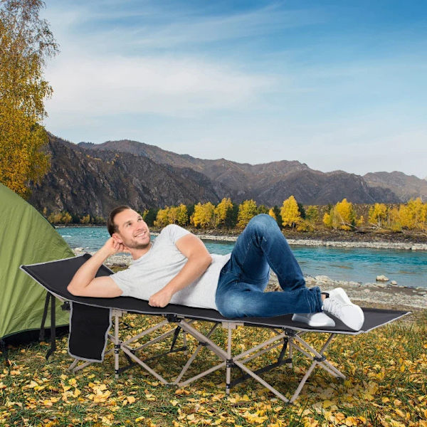 Rootz Campingseng - Sammenfoldelig - Bæretaske - Vejrbestandig - Gæsteseng - Bæretaske - Stål - Oxford - Sort - 190 X 68 X 52 Cm