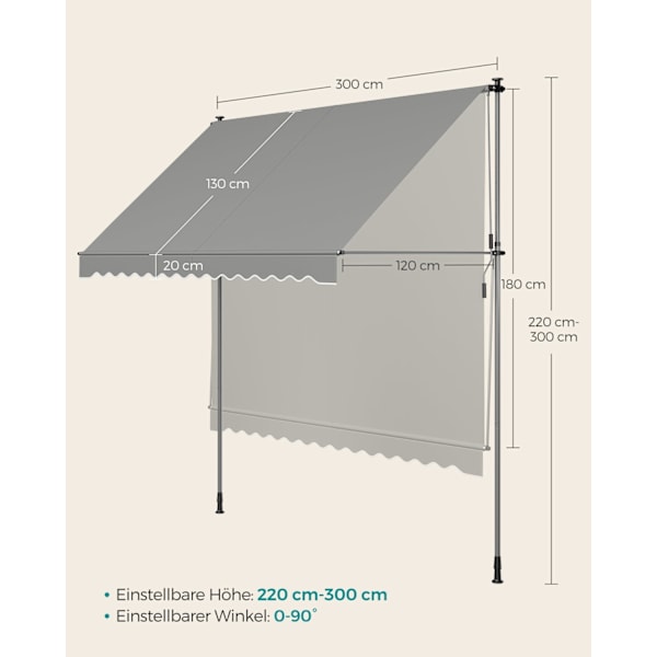 Rootz Clamp Markise med håndsving - Grå baldakin - Indtrækkelig skærm - UV-beskyttelse - Pulverlakeret stål - Aluminiumslegering - Polyester - 300 cm