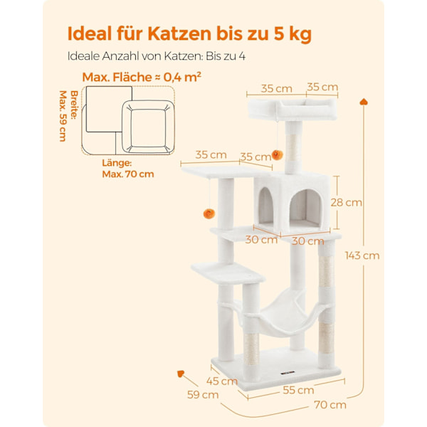 Rootz Cat Skrapstolpe - Kattträd - Kattklättrare - Spånskivakonstruktion - Plyschöverdrag - Sisalrep - 55cm x 45cm x 143cm - Krämvit - 13kg - Max. 40