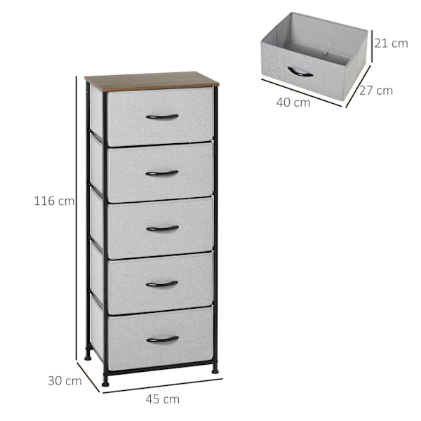 ROOTZ 5 Skuffe Bryst - Opbevaringsskab - Foldbar stofskuffe - Optimal stabilitet - 45 x 30 x 116 cm - Grå
