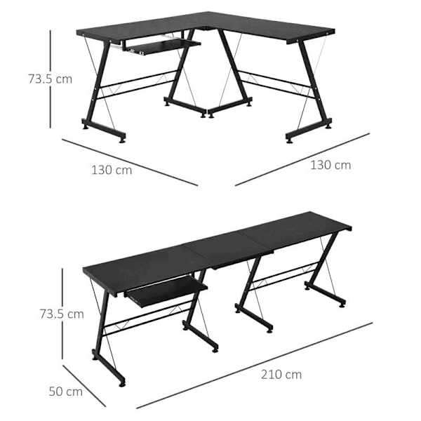 Rootz Desk - Office Desk - Gaming Desk - L Shape Desk - Black - 210 x 50 x 73.5 cm