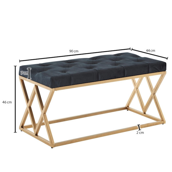 Rootz Modern Polstret bænk - Stilfuld bænk - Chesterfield-mønster - Guldramme - Håndlavet - Fløjlssæde - 90 cm x 46 cm x 44 cm