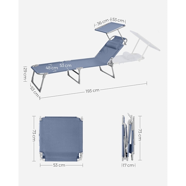 Rootz hopfällbar solstol - Liggstol - Utomhussäng - Stålram - Syntetfibertyg - Lätt - Kompakt - Lätt att förvara - 193cm x 53cm x 29cm