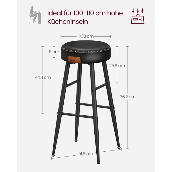 Rootz 2-delads set barstolar - Kökspallar - Sitsar i mothöjd - Stålram - Högelastiskt skum - PU syntetiskt läder - Plywood - 51,6 cm x 51,6 cm x 76,2